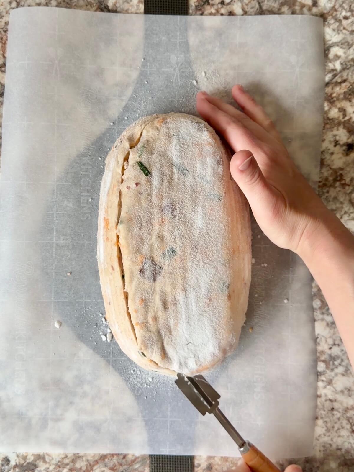 An oval shaped loaded baked potato sourdough bread dough being scored on a piece of parchment paper.