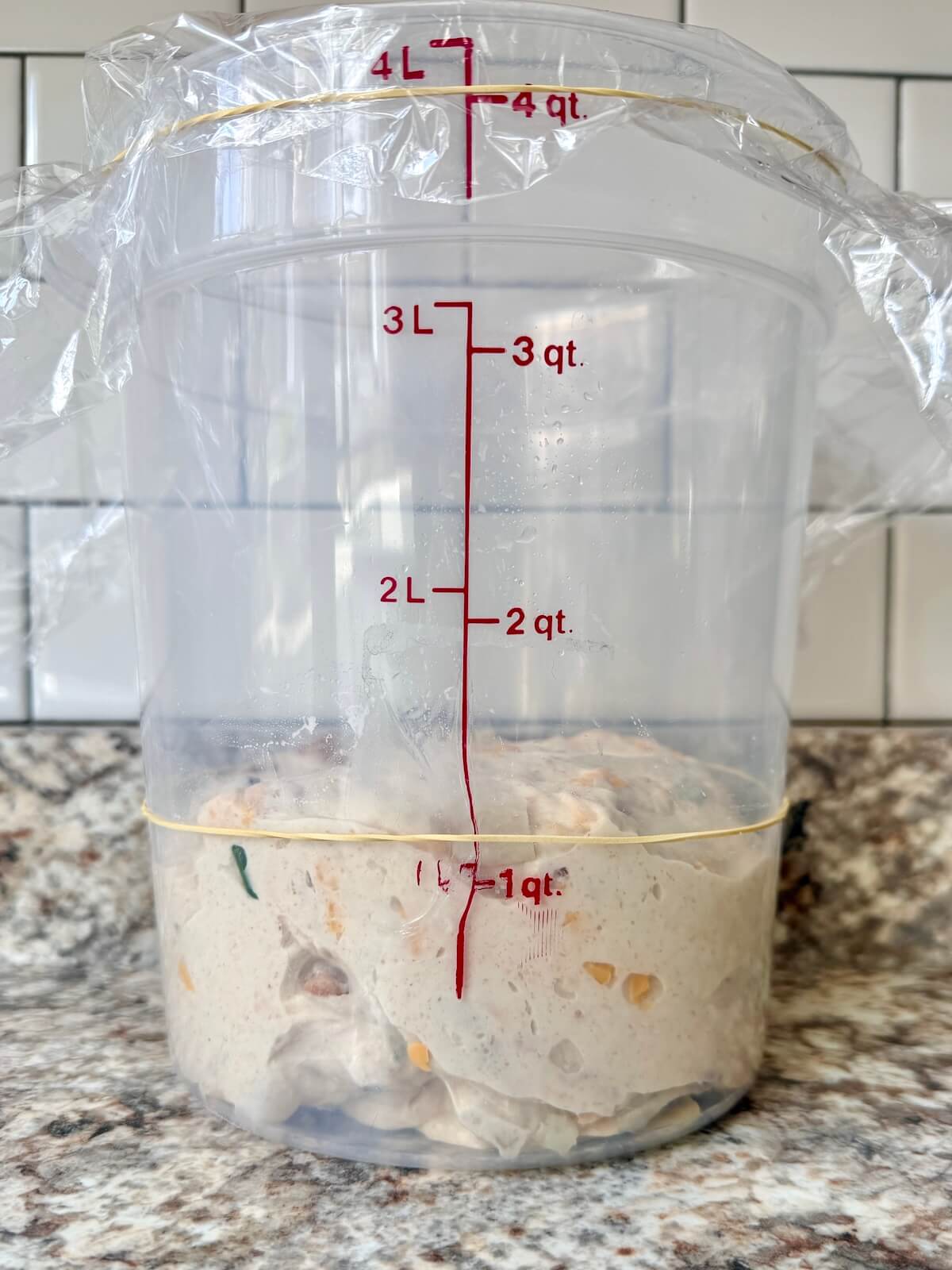 Loaded sourdough bread dough in a straight-sided container before bulk fermentation.