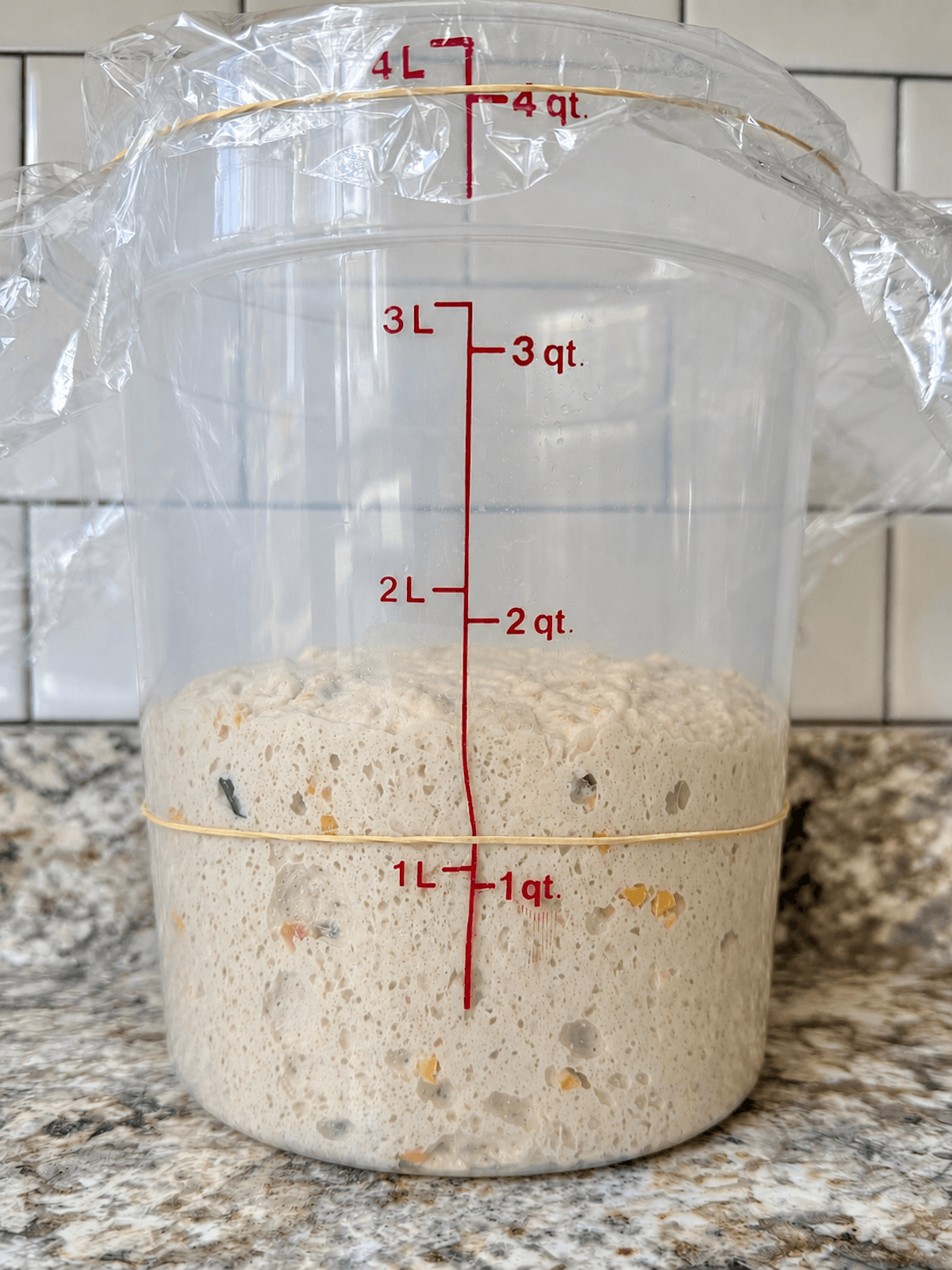 Loaded sourdough bread dough in a straight-sided container before bulk fermentation.