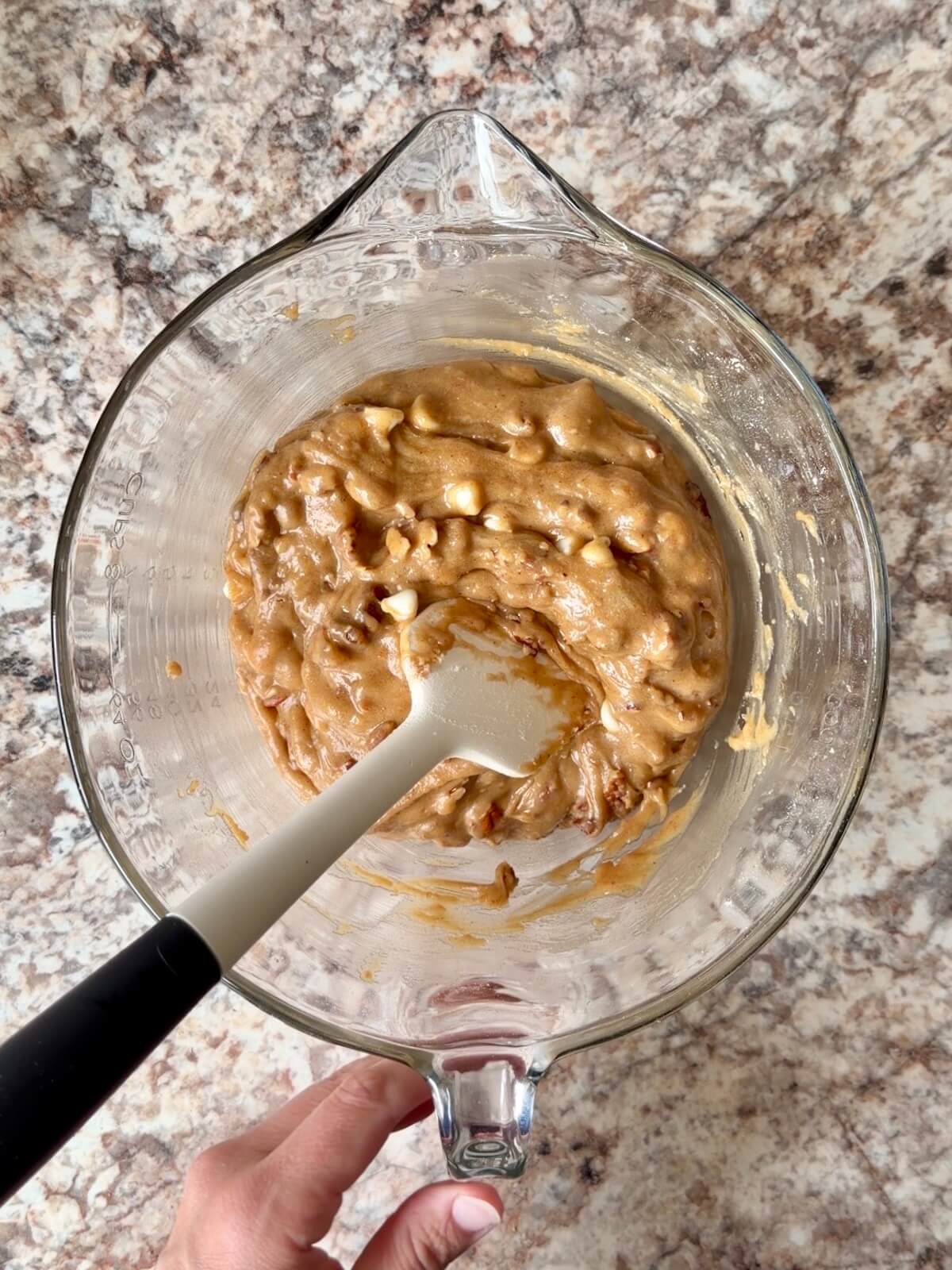 Maple pecan sourdough blondie batter in a bowl.