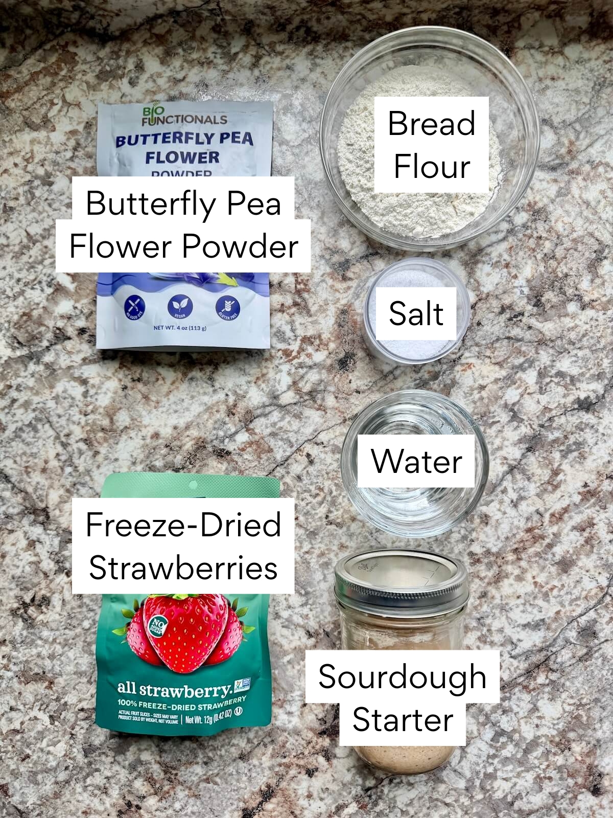The ingredients to make naturally-dyed red, white, and blue sourdough bread. Each ingredient is labeled with text. They include butterfly pea flower powder, freeze-dried strawberries, bread flour, salt, water, and sourdough starter.