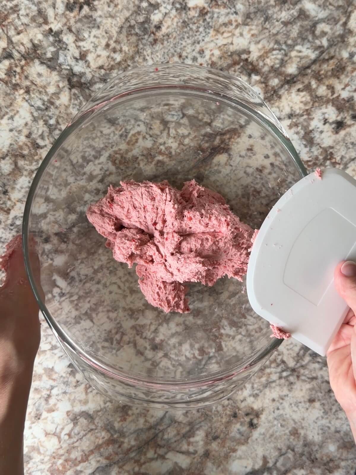 Pink/red sourdough bread dough made with freeze-dried strawberries.