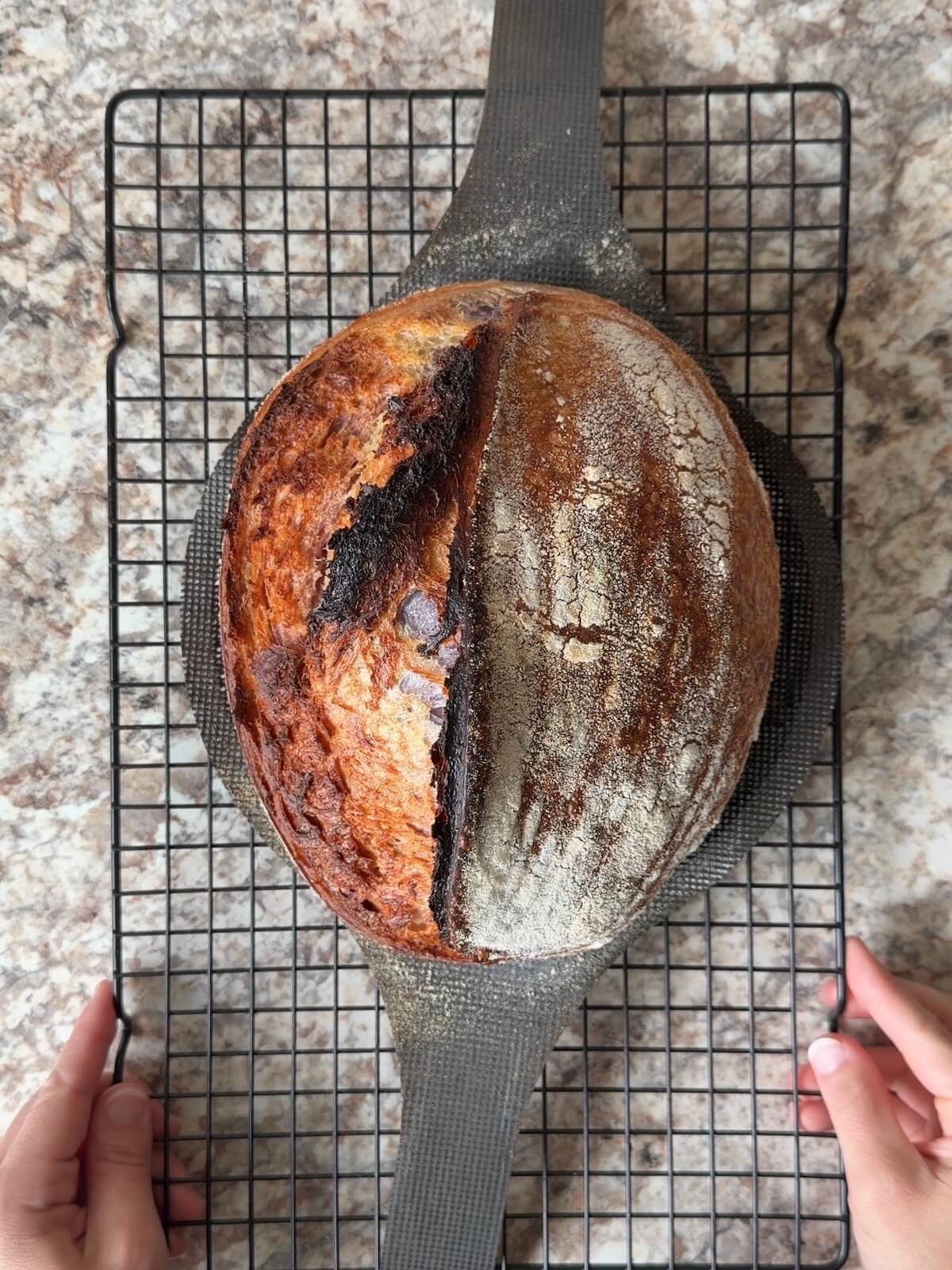 A baked loaf of naturally-dyed red, white, and blue sourdough bread on a wire cooling rack.