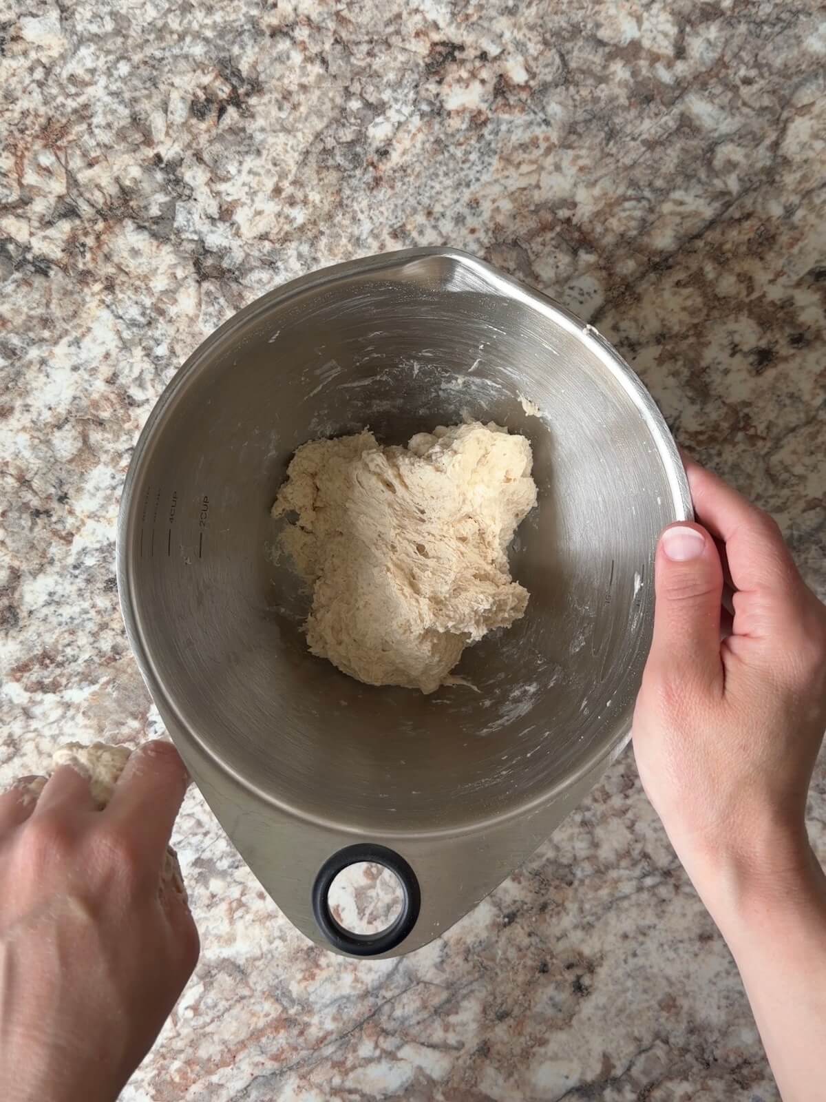 Plain sourdough bread dough in a mixing bowl.