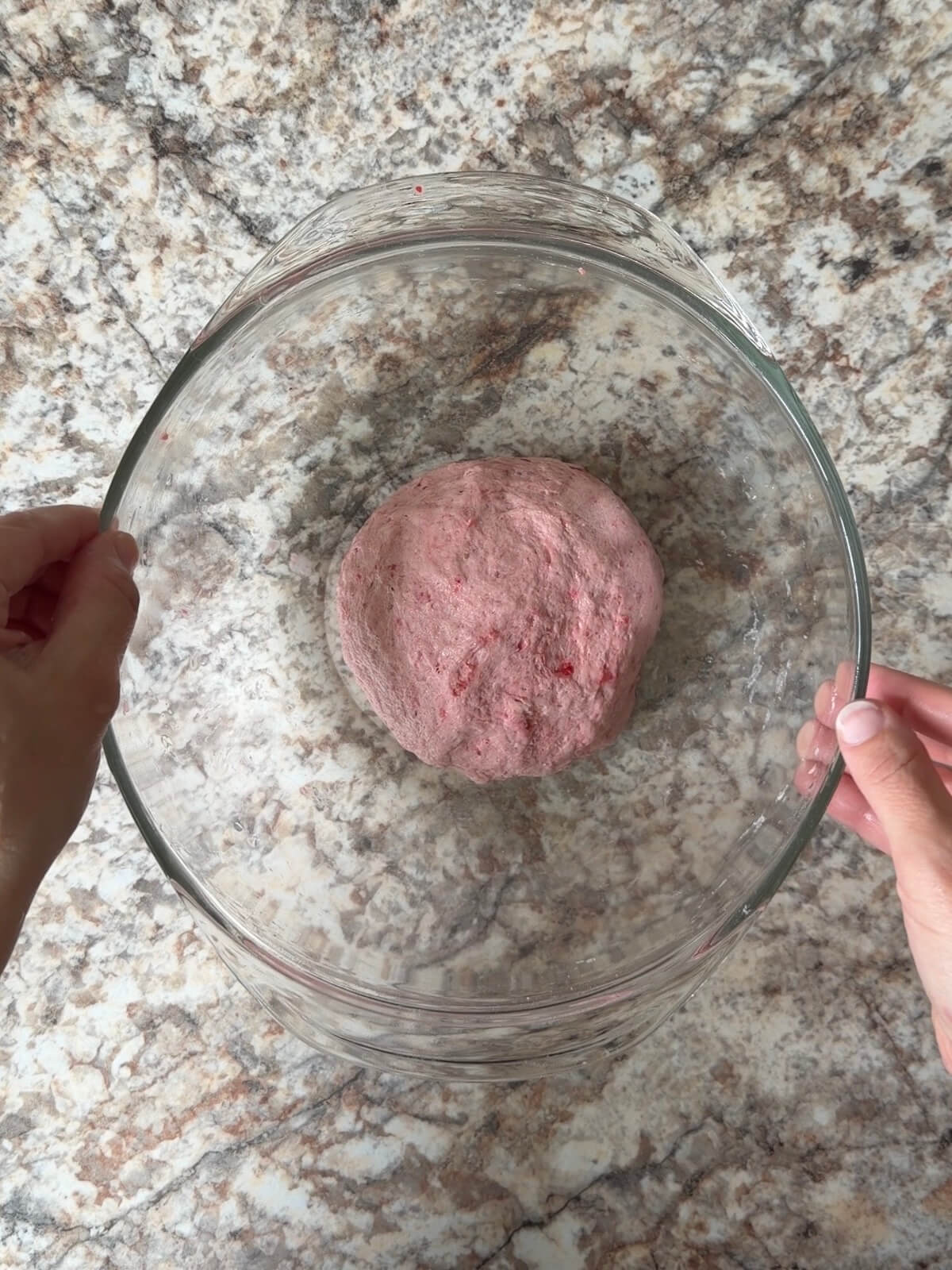 Red sourdough bread dough in a bowl after being stretched and folded.