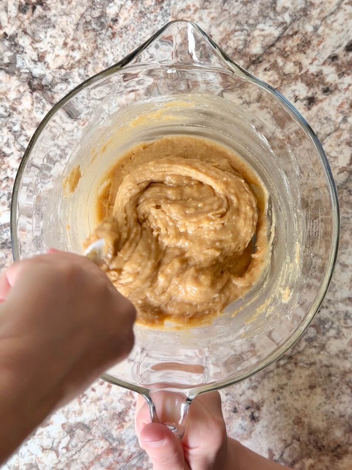 Sourdough discard blondie batter mixed in a bowl.