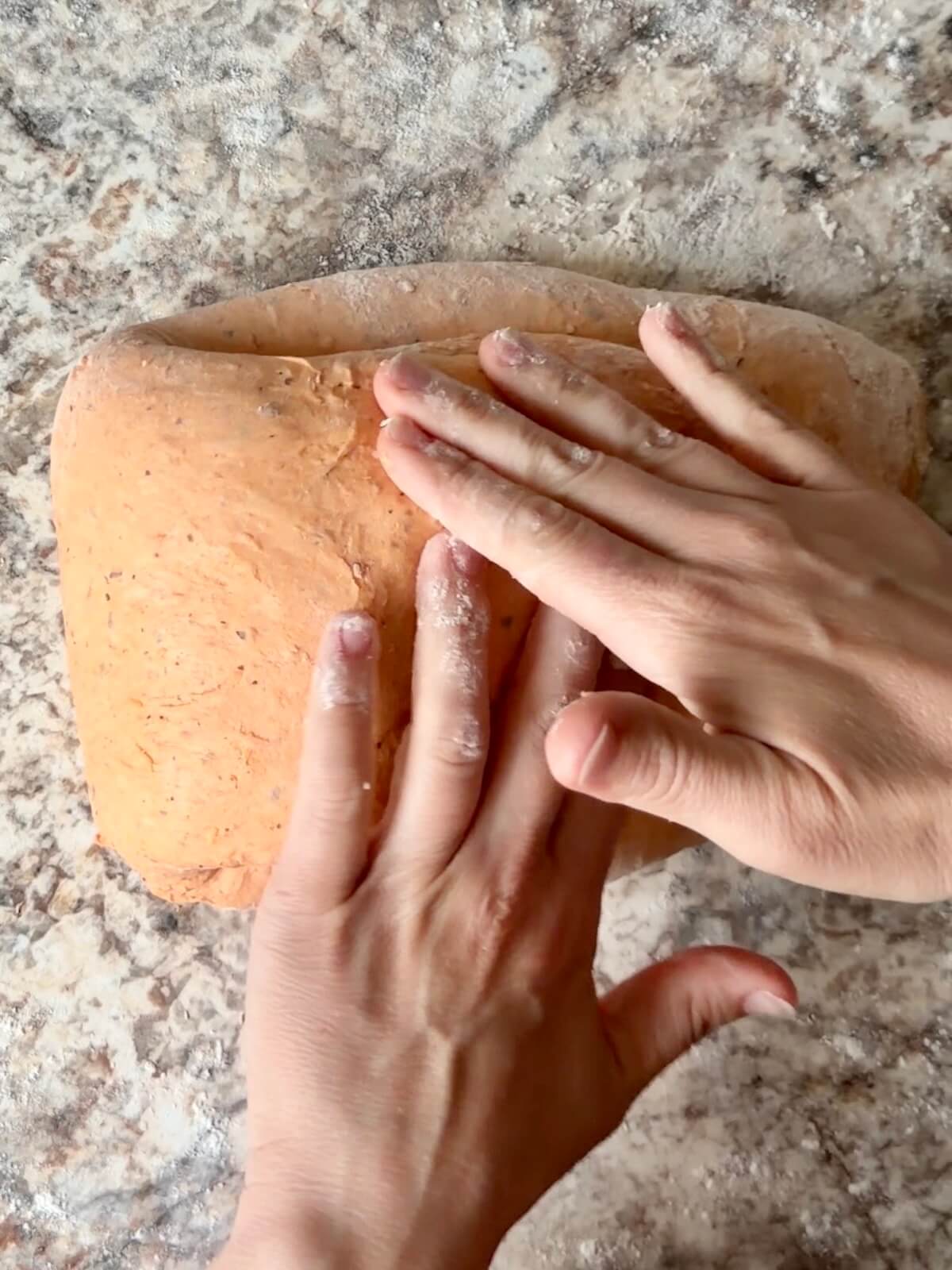 Two hands shaping tomato basil sourdough bread dough on a floured counter.