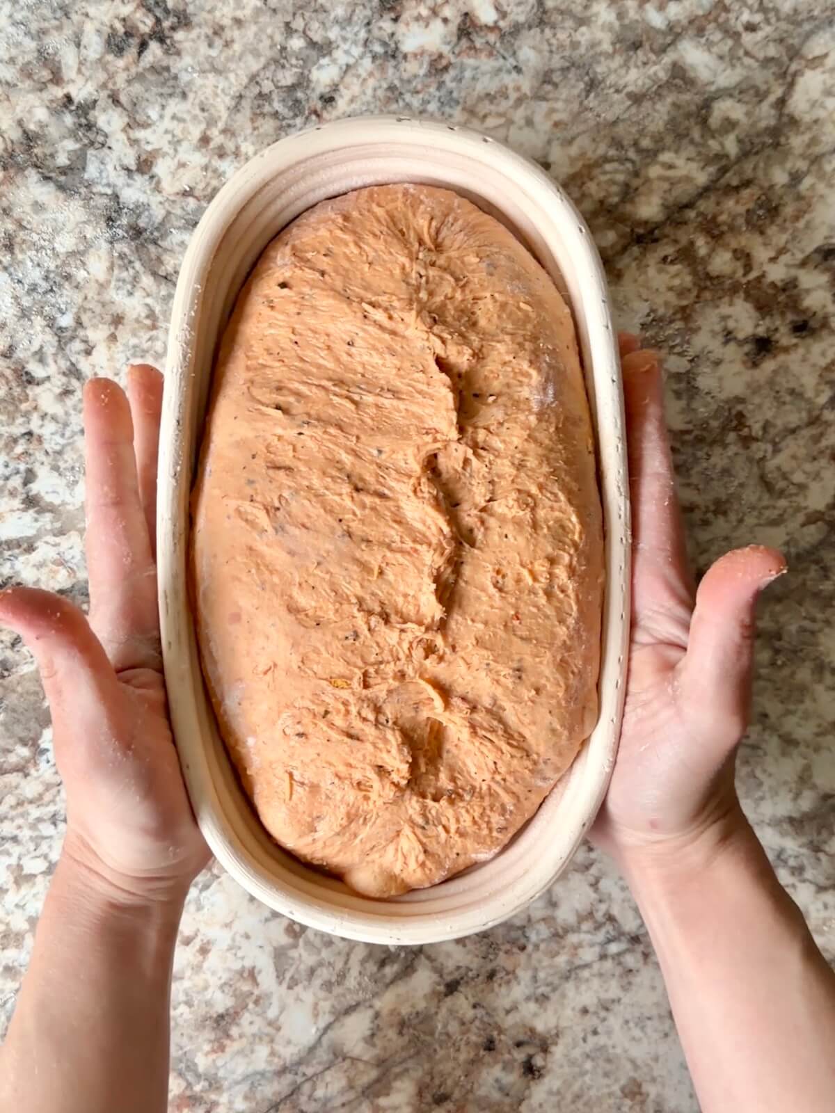 Tomato basil sourdough bread dough in an oval proofing basket before cold proofing overnight.