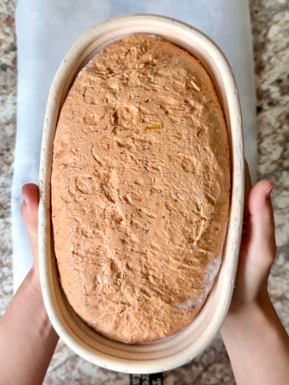 Tomato basil sourdough bread dough in an oval proofing basket after cold proofing overnight.