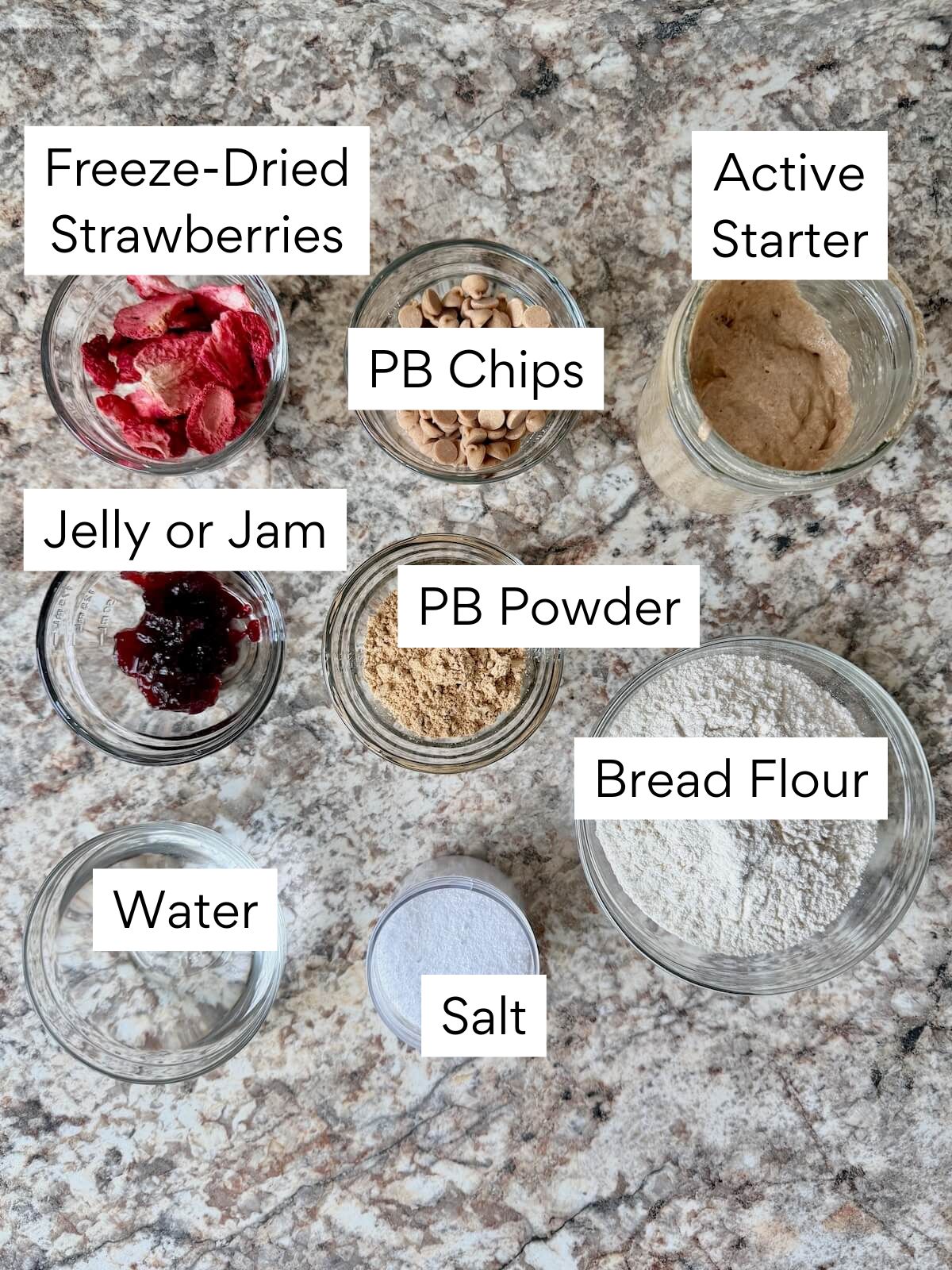 The ingredients to make peanut butter and jelly sourdough bread. Each ingredient is labeled with text. They include freeze-dried strawberries, jelly or jam, peanut butter chips, peanut butter powder, active sourdough starter, bread flour, water, and salt.