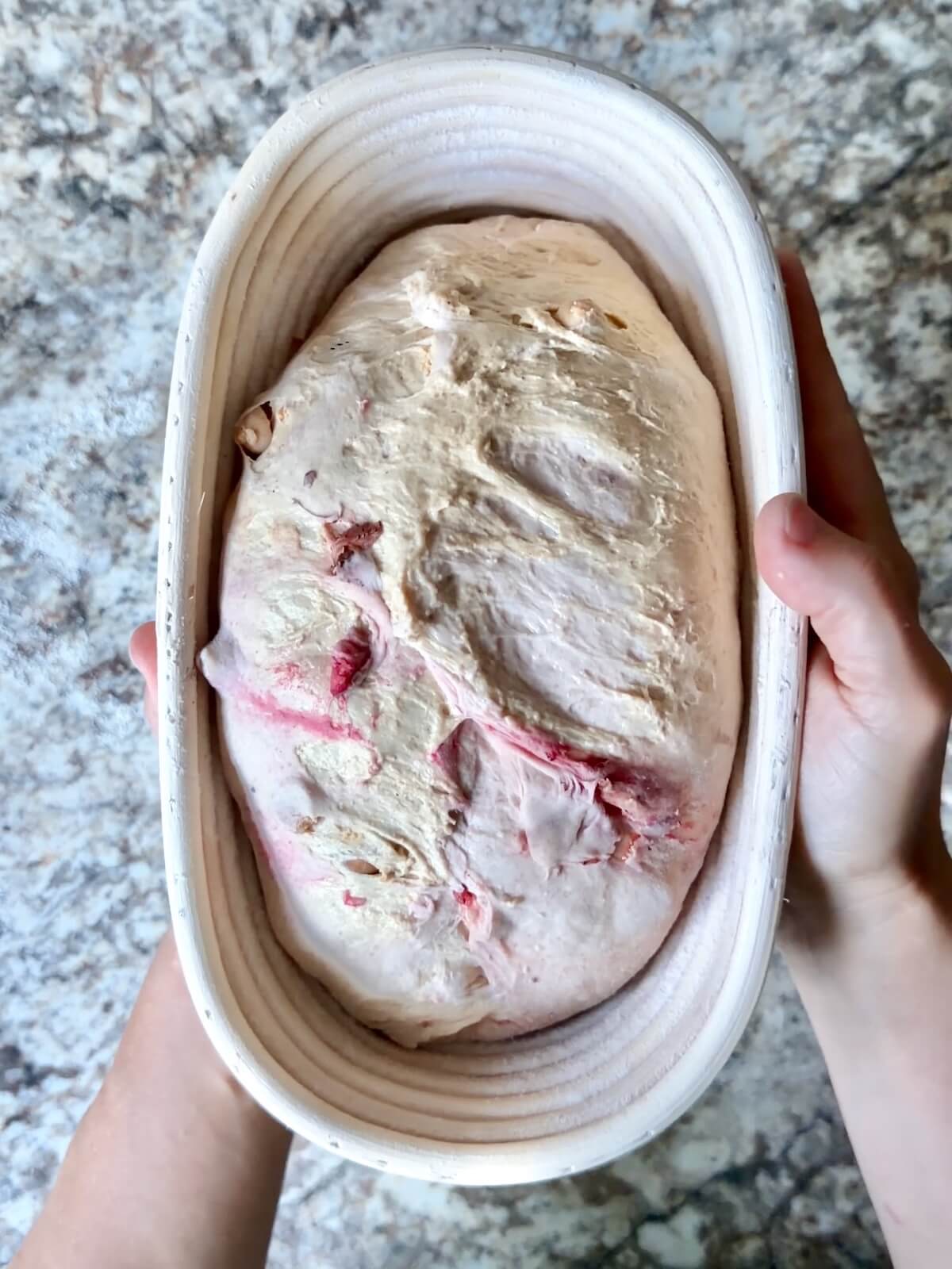 The dough in an oval proofing basket before cold proofing overnight.