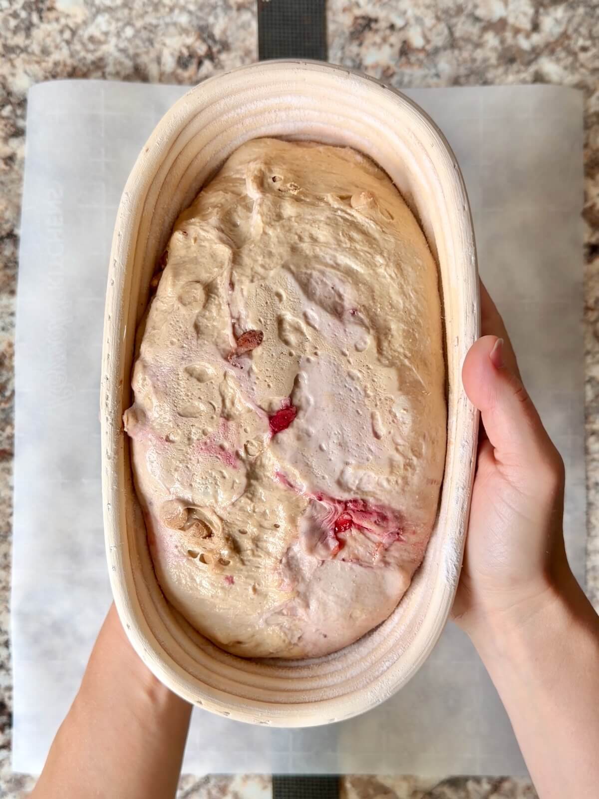 The dough in an oval proofing basket after cold proofing overnight.
