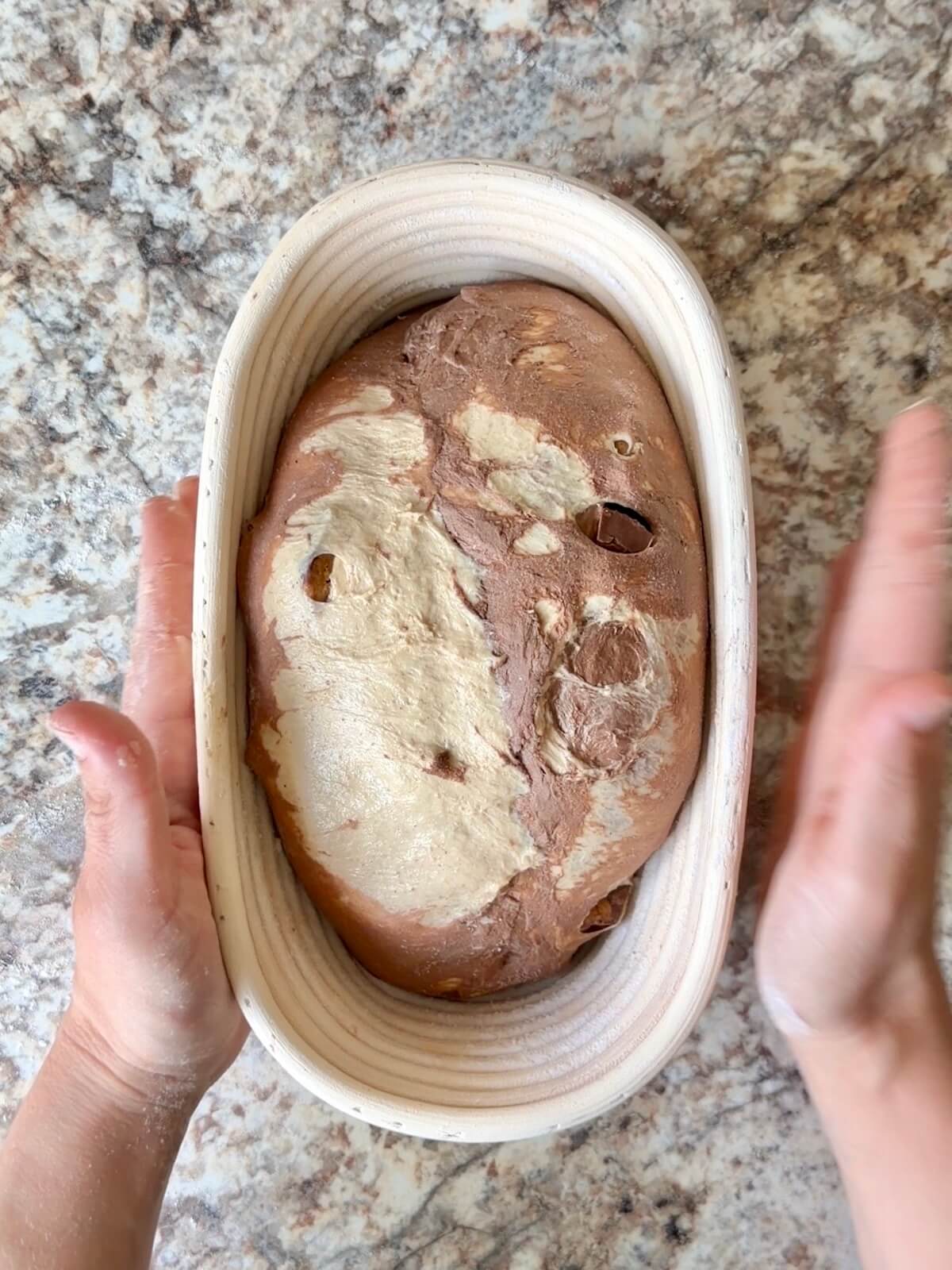 Peanut butter cup sourdough bread in an oval proofing basket before cold proofing overnight.