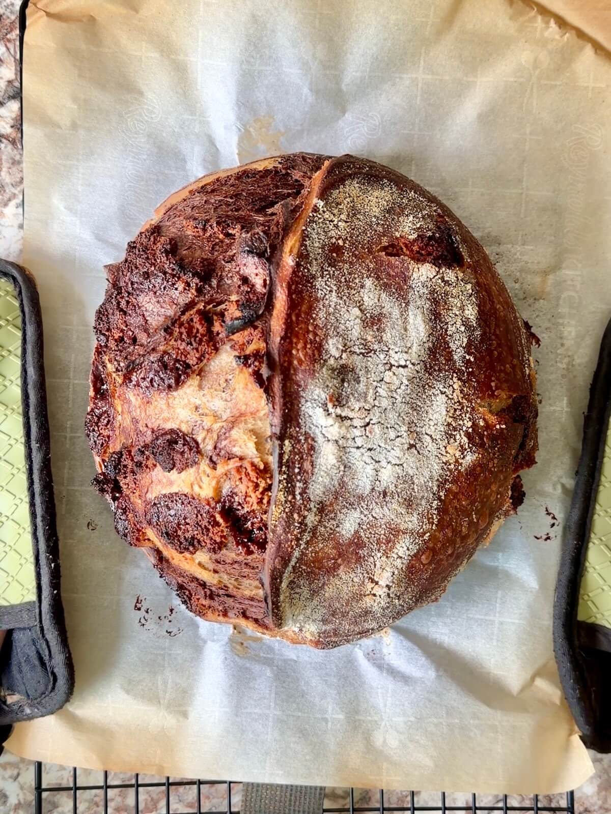 A baked loaf of chocolate peanut butter sourdough bread with peanut butter cups on a wire cooling rack.
