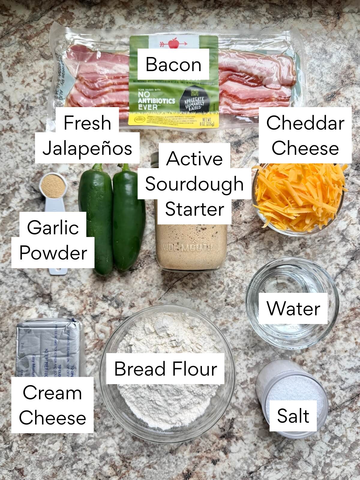 The ingredients to make jalapeƱo popper sourdough bread. Each ingredient is labeled with text. They include bacon, fresh jalapeƱos, active sourdough starter, cheddar cheese, garlic powder, cream cheese, bread flour, water, and salt.