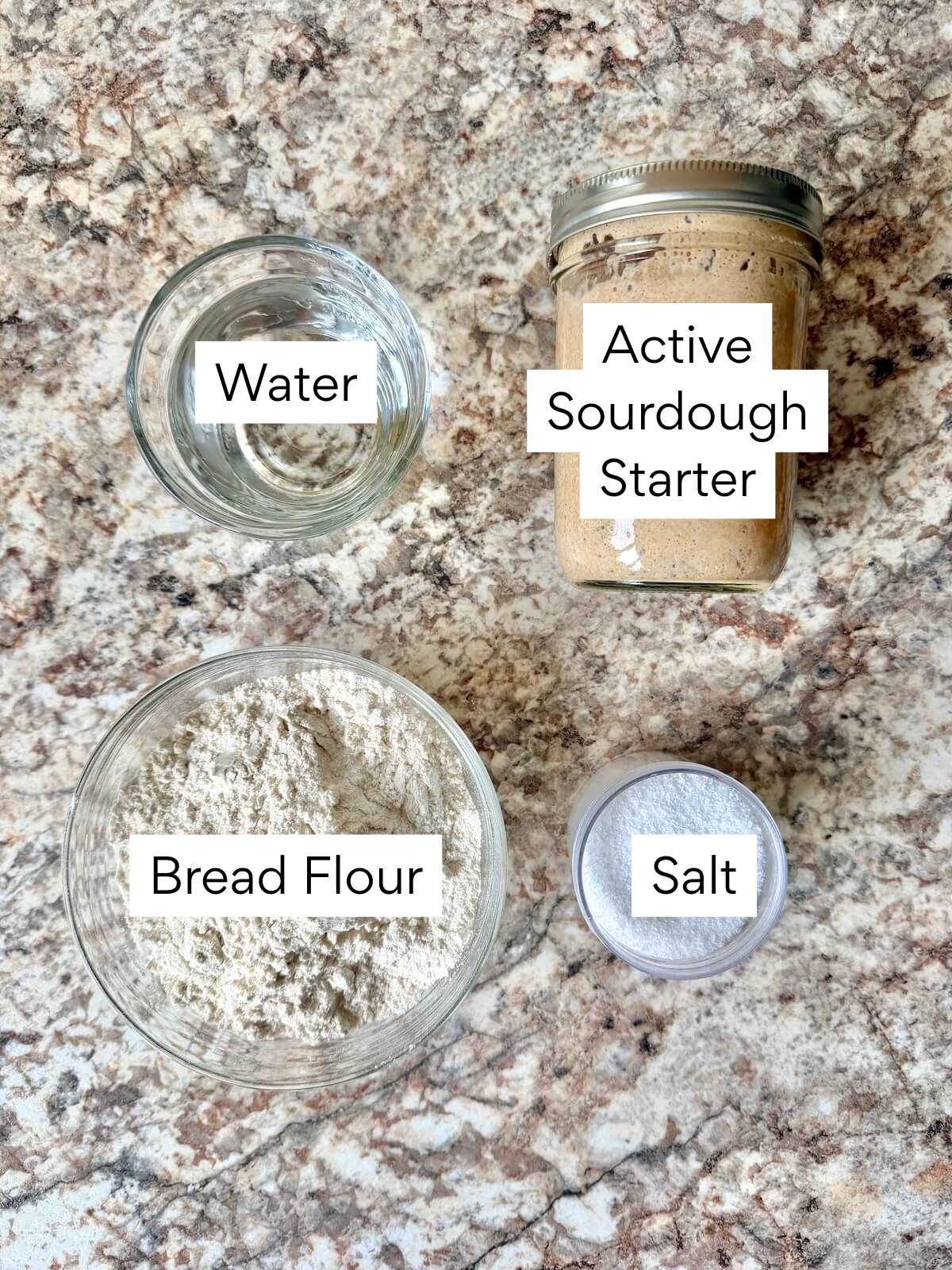 The ingredients to make sourdough bread bowls. Each ingredient is labeled with text. They include water, active sourdough starter, bread flour, and salt.