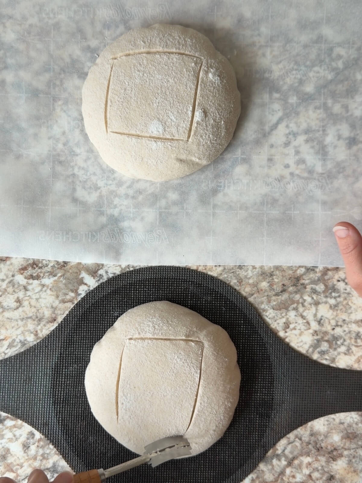 Two sourdough bread bowls being scored with a square on the top.
