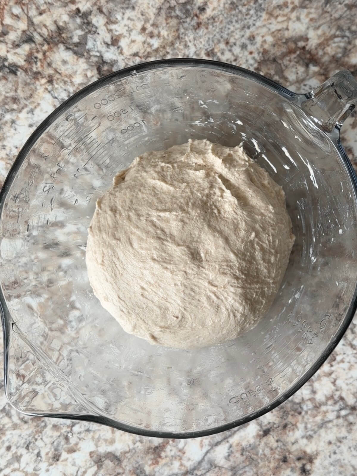 Sourdough bread dough in a bowl after stretching and folding.