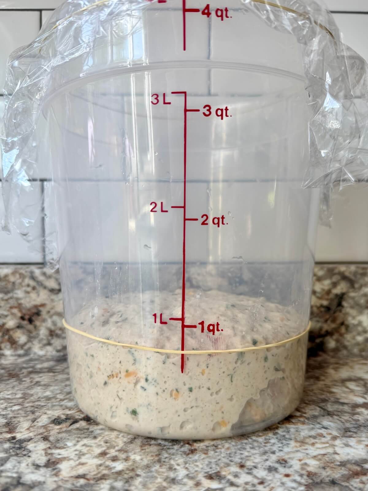 Buffalo chicken sourdough bread dough in a straight-sided container before bulk fermentation.