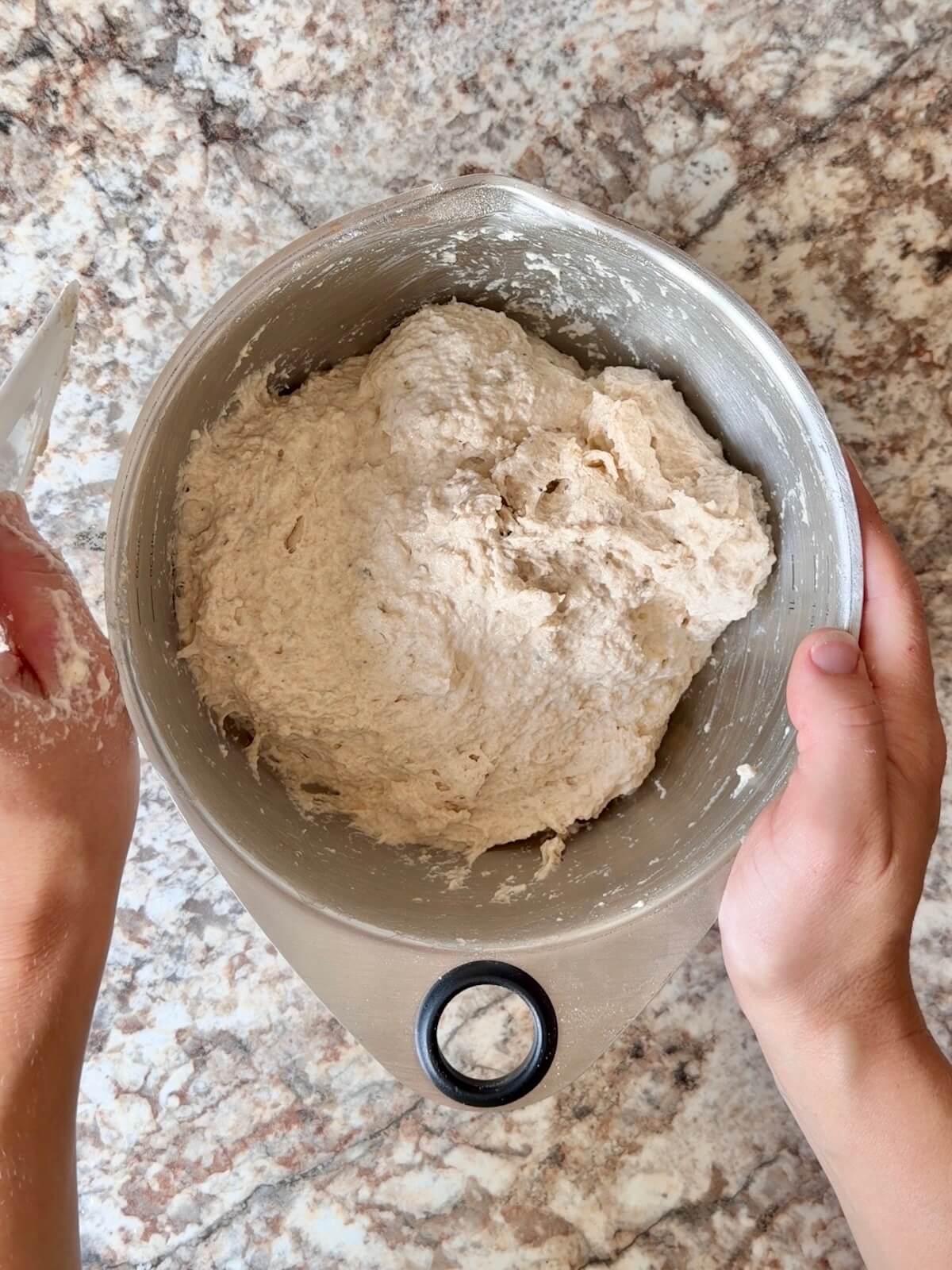 Sourdough pizza bread dough mixed in a bowl.