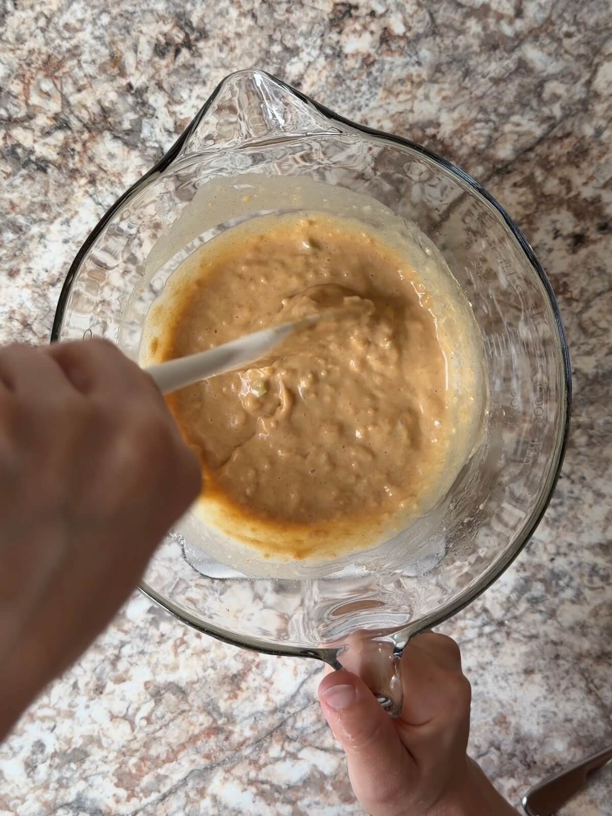 Sourdough apple cider donut batter in a mixing bowl.