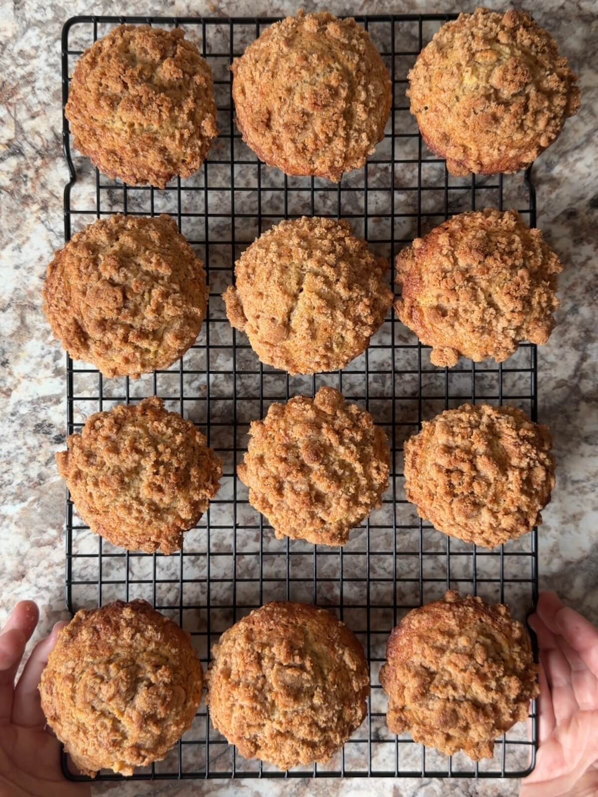 Baked sourdough apple muffins on a wire cooling rack.