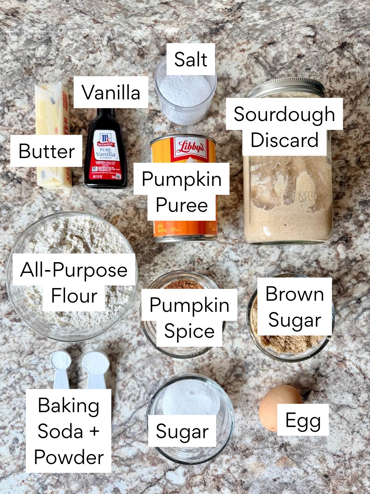 The ingredients to make sourdough pumpkin bread. Each ingredient is labeled with text. They include butter, vanilla, salt, pumpkin puree, sourdough discard, all-purpose flour, pumpkin spice, brown sugar, baking soda, baking powder, sugar, and egg.