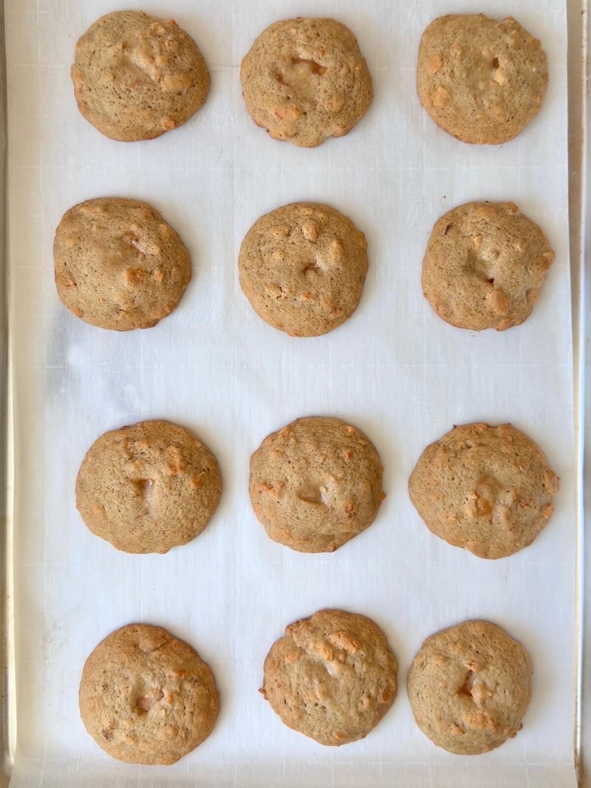 A dozen baked sourdough caramel apple cookies on a baking sheet.