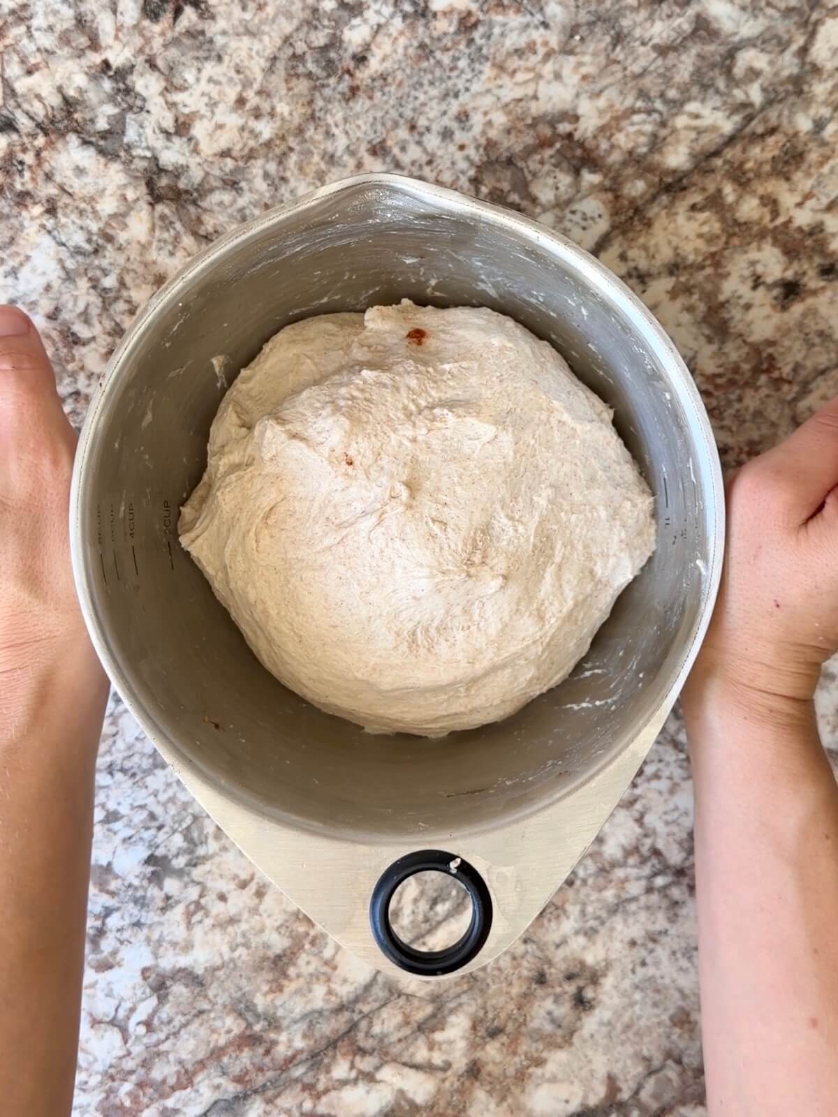 Cinnamon apple sourdough bread dough after the first set of stretch and folds.