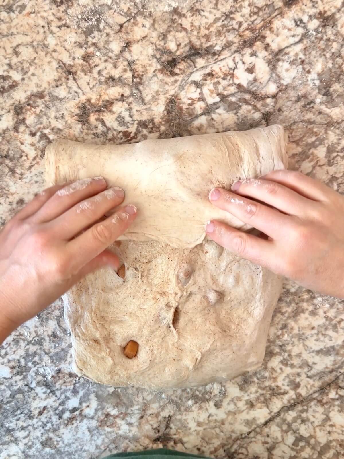 Cinnamon apple sourdough bread dough being shaped on a floured counter.