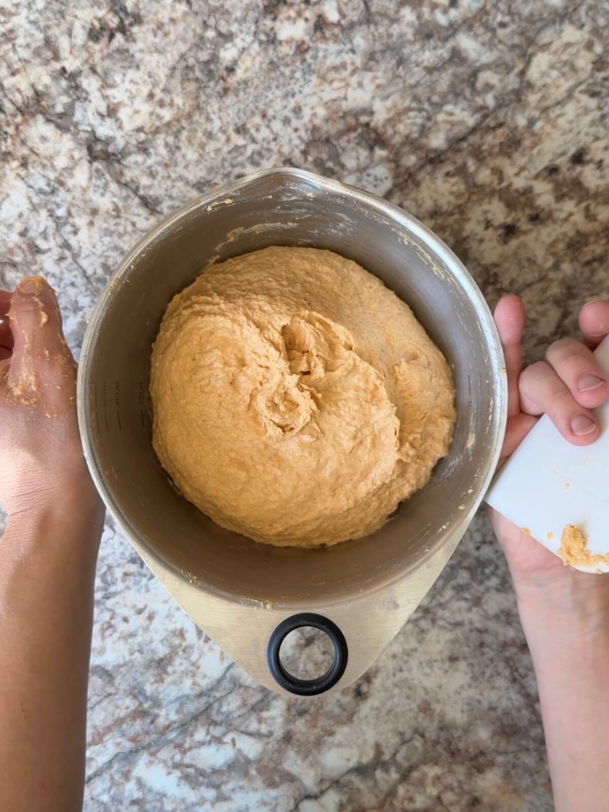 Sourdough pumpkin focaccia bread dough mixed in a bowl.