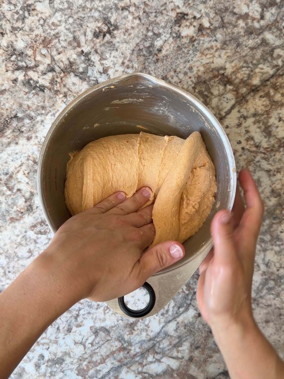Pumpkin sourdough focaccia dough being stretched and folded in a bowl.