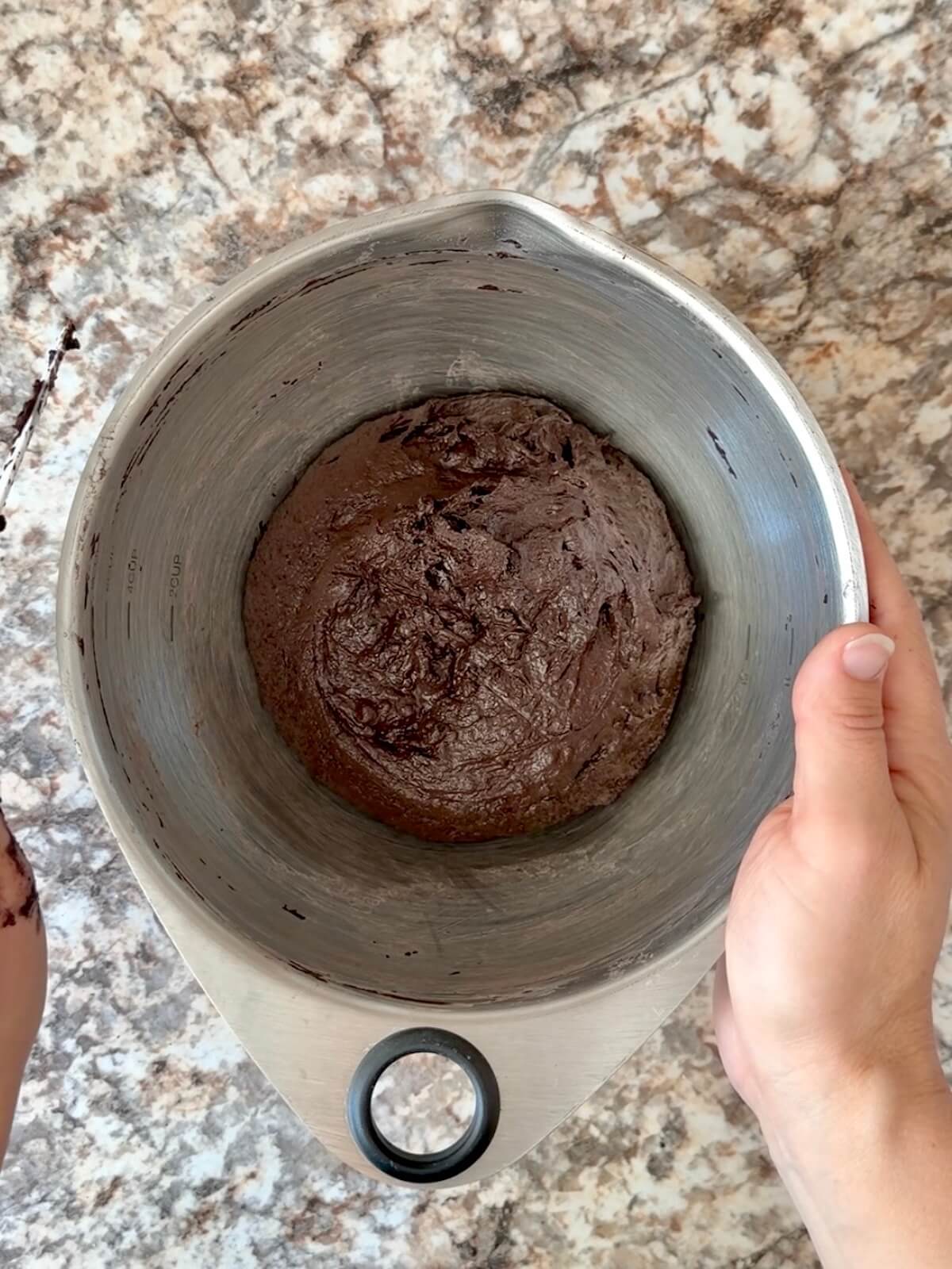 Black cocoa sourdough bread dough in a stainless steel mixing bowl.