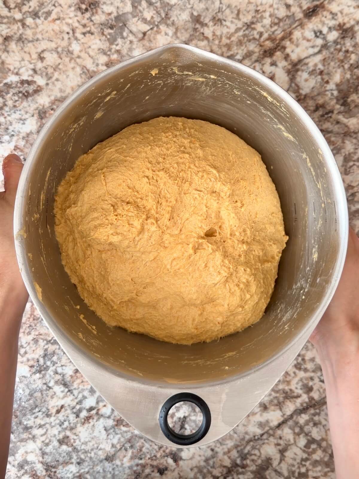 Pumpkin sourdough bread dough in a bowl after the first set of stretch and folds.