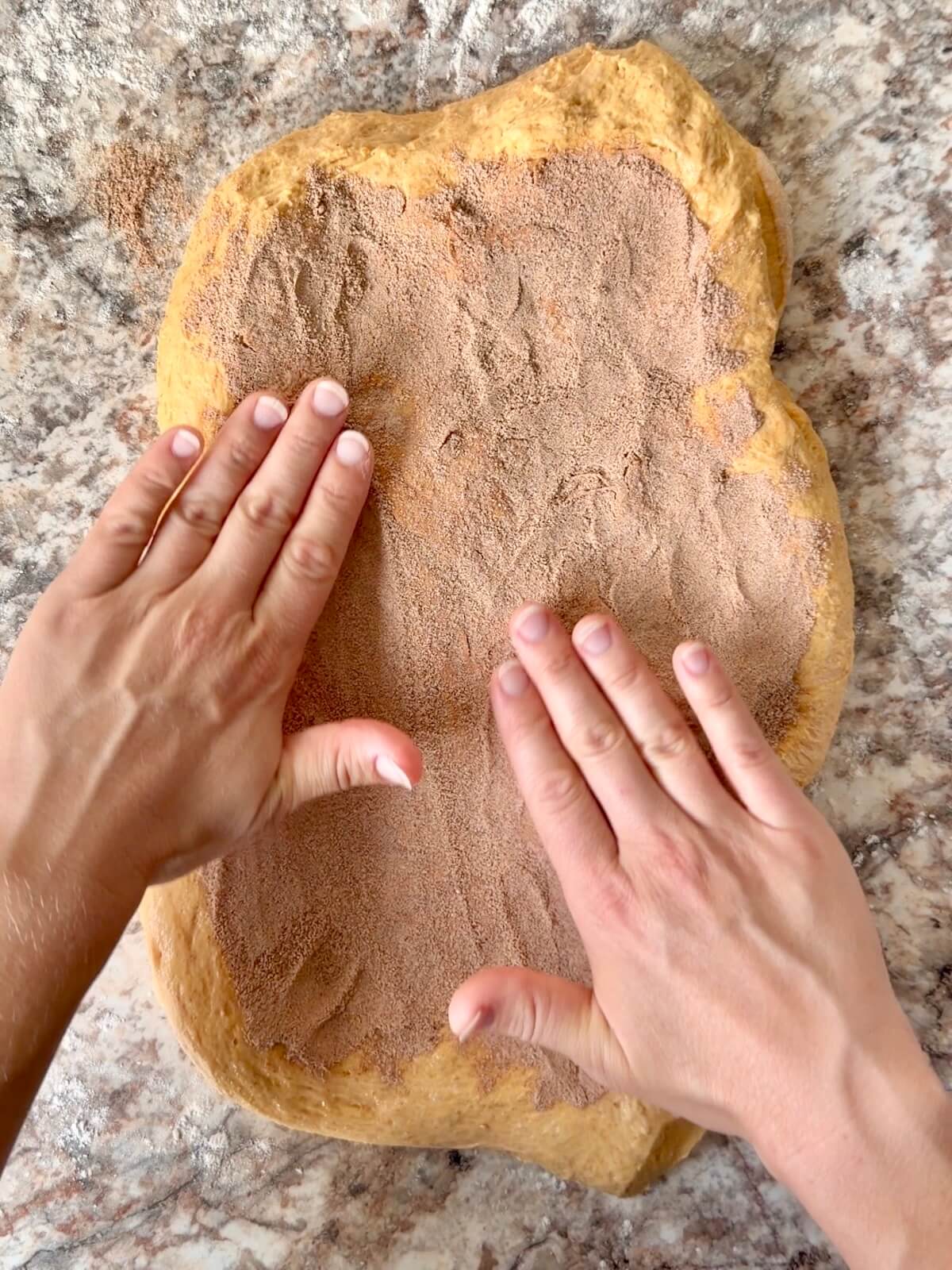 Pumpkin sourdough bread dough stretched into a rectangle on a floured countertop. A mixture of pumpkin spice, sugar, and flour is spread all over the surface of the dough.