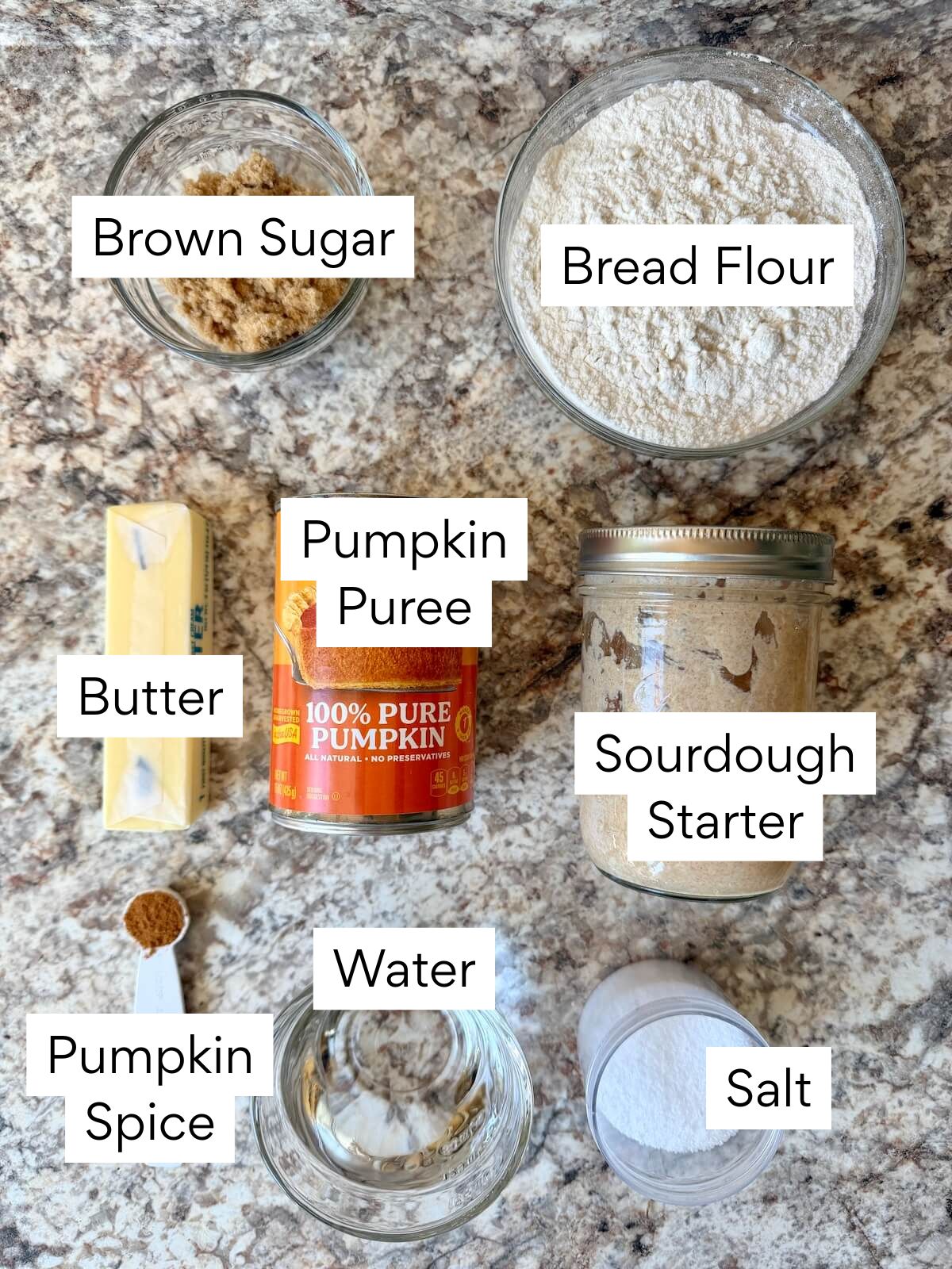 The ingredients to make sweet sourdough pumpkin focaccia. Each ingredient is labeled with text. They include brown sugar, bread flour, butter, pumpkin puree, sourdough starter, pumpkin spice, water, and salt.