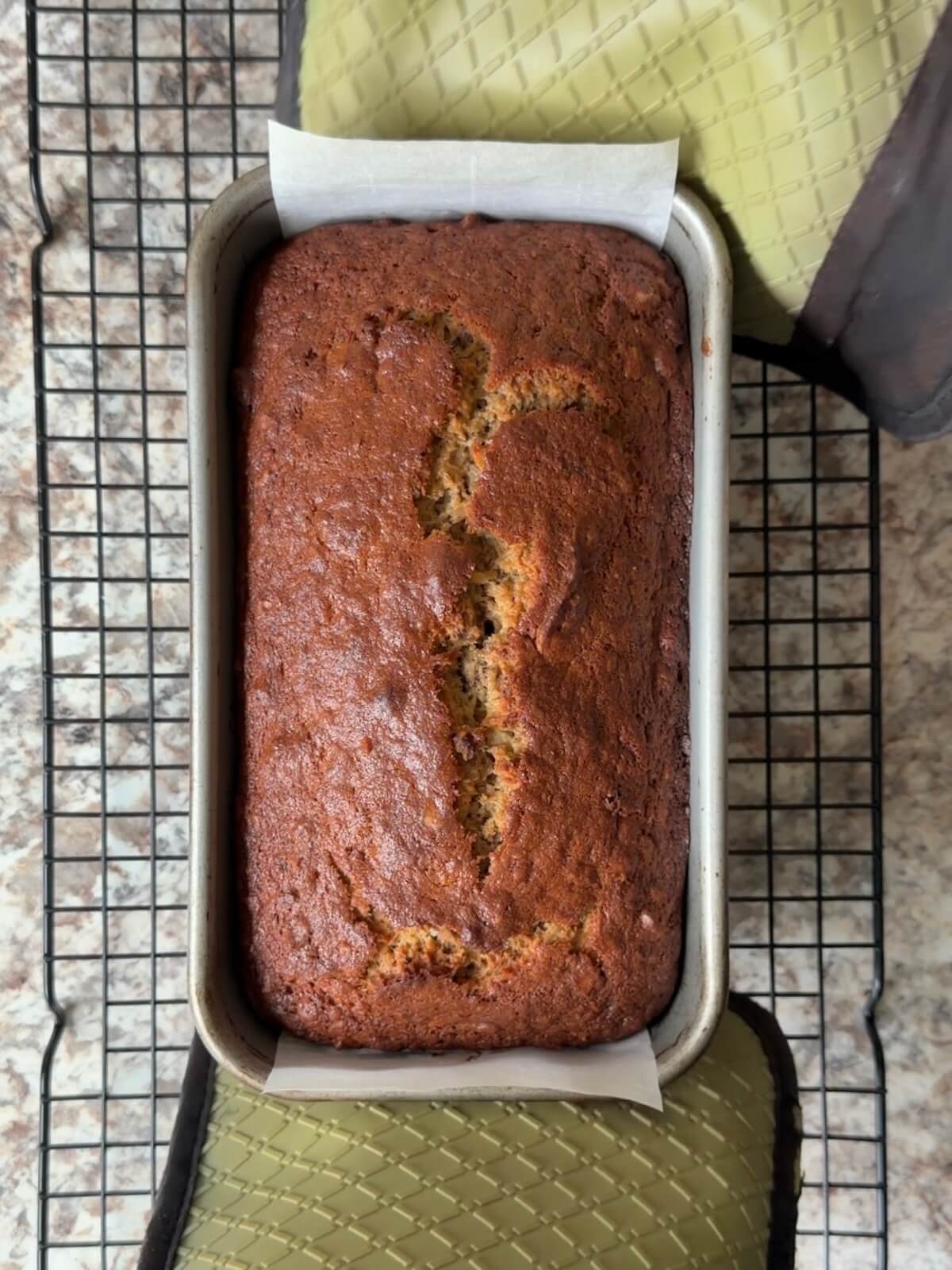 A baked loaf of brown butter sourdough banana bread with toasted pecans in a loaf pan.