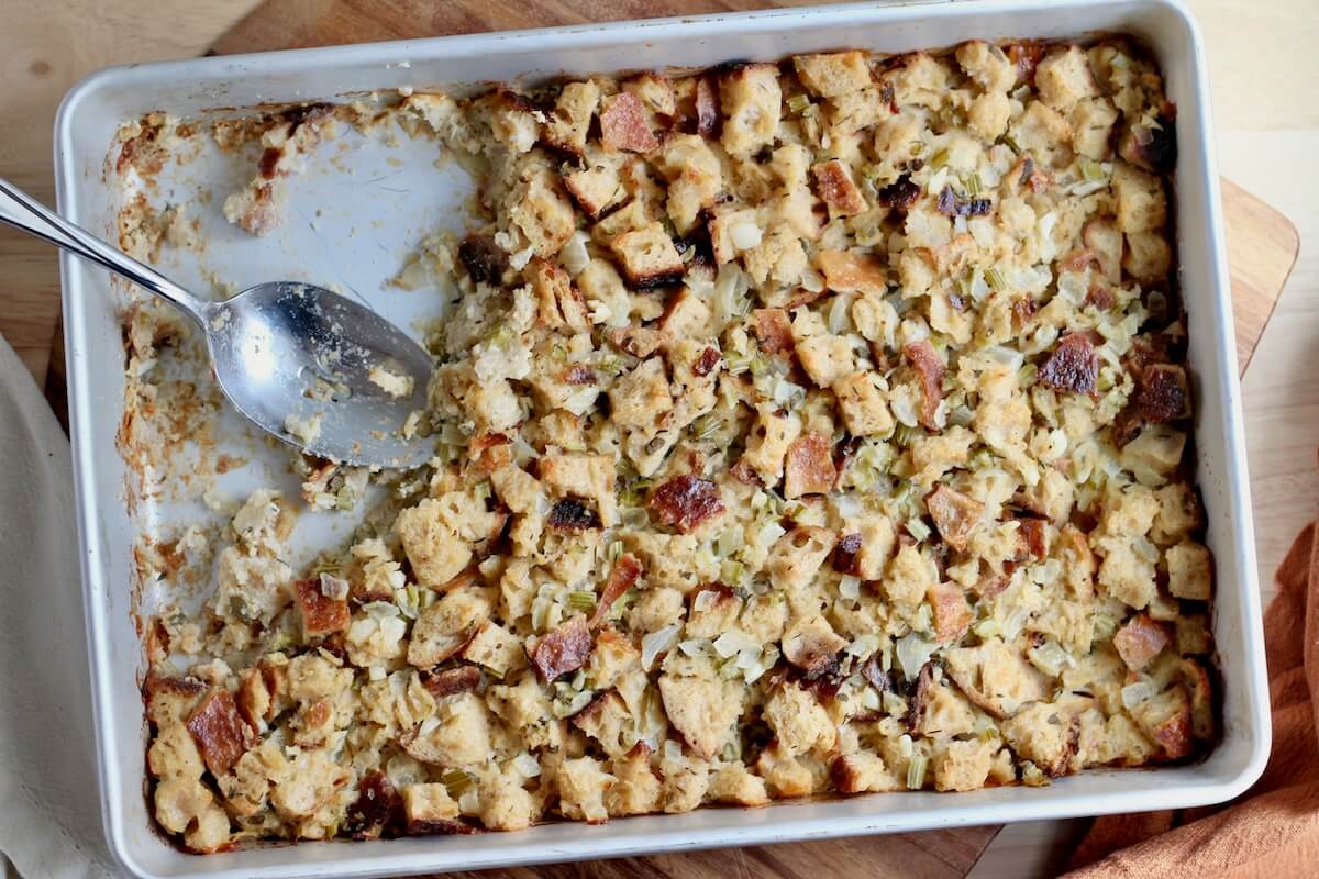 A baking pan of sourdough bread stuffing.