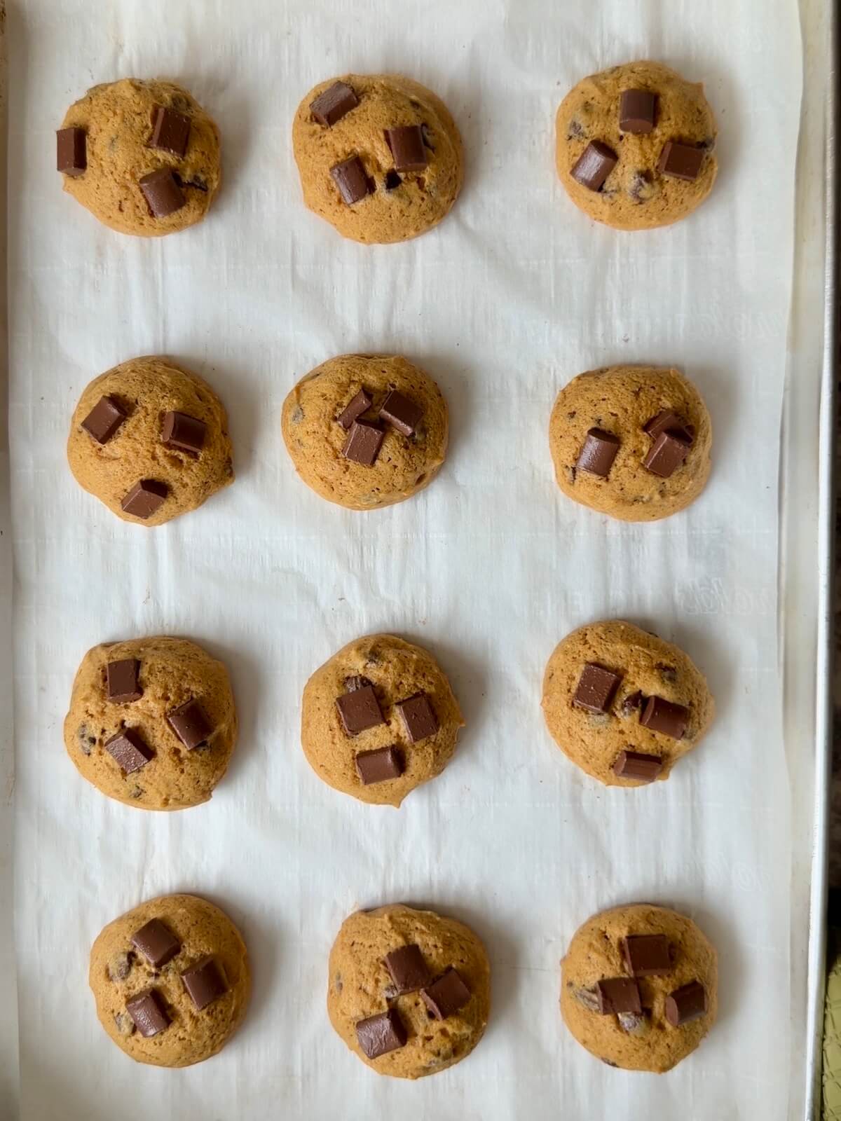 A dozen baked sourdough pumpkin chocolate chip cookies on a parchment-lined baking sheet.