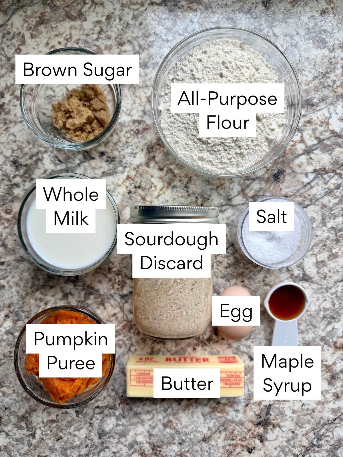 The ingredients to make sourdough pumpkin dinner rolls. Each ingredient is labeled with text. They include brown sugar, all-purpose flour, whole milk, sourdough discard, salt, pumpkin puree, egg, butter, and maple syrup.