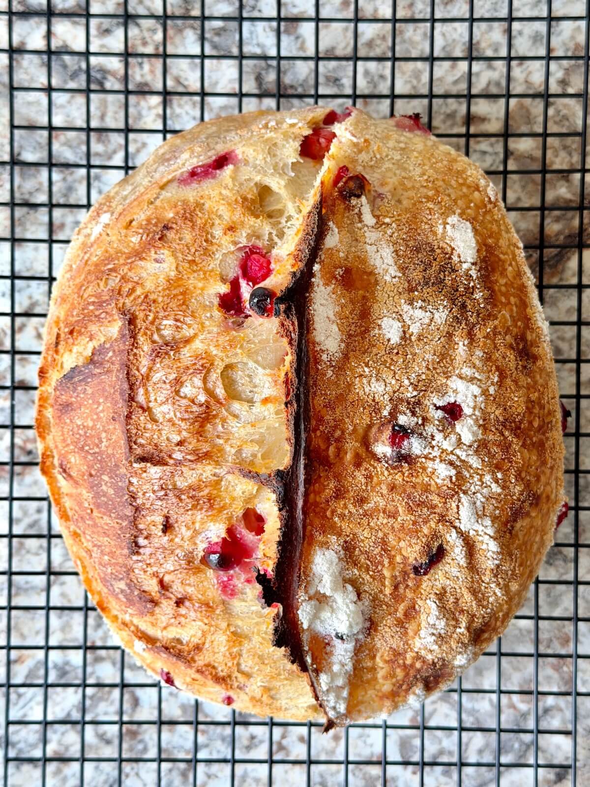 A baked loaf of cranberry orange sourdough bread on a wire cooling rack.