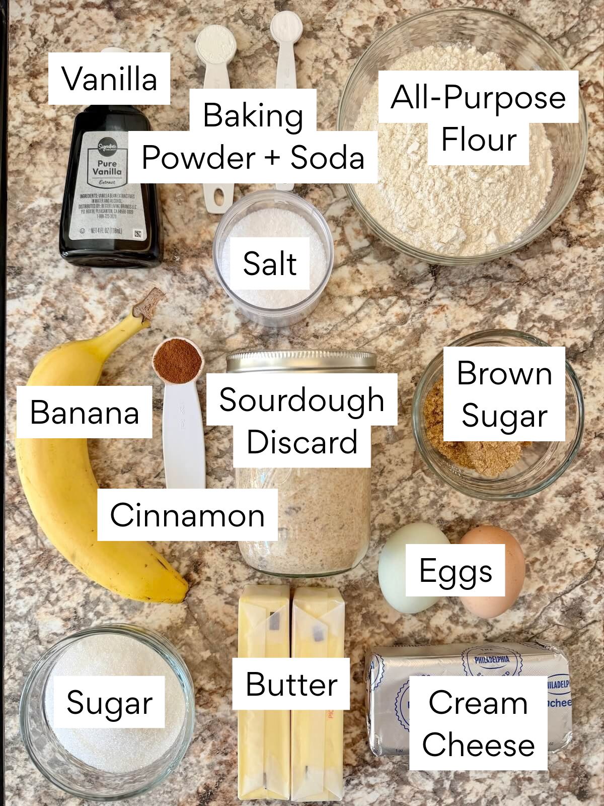 The ingredients to make sourdough banana muffins. Each ingredient is labeled with text. They include all-purpose flour, baking powder, baking soda, salt, vanilla, banana, cinnamon, sourdough discard, brown sugar, eggs, sugar, butter, and cream cheese.