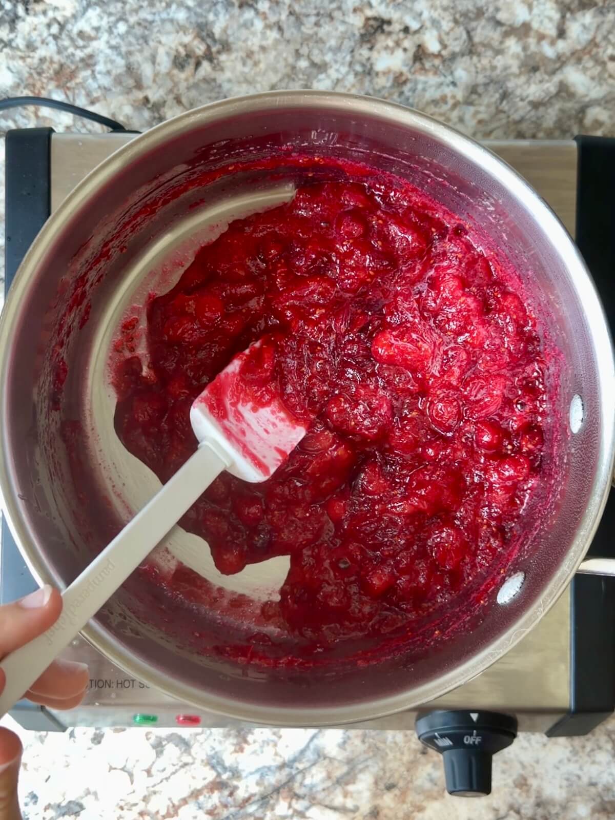 Fresh cranberries, sugar, and vinegar cooked into a jam in a stainless steel pot.
