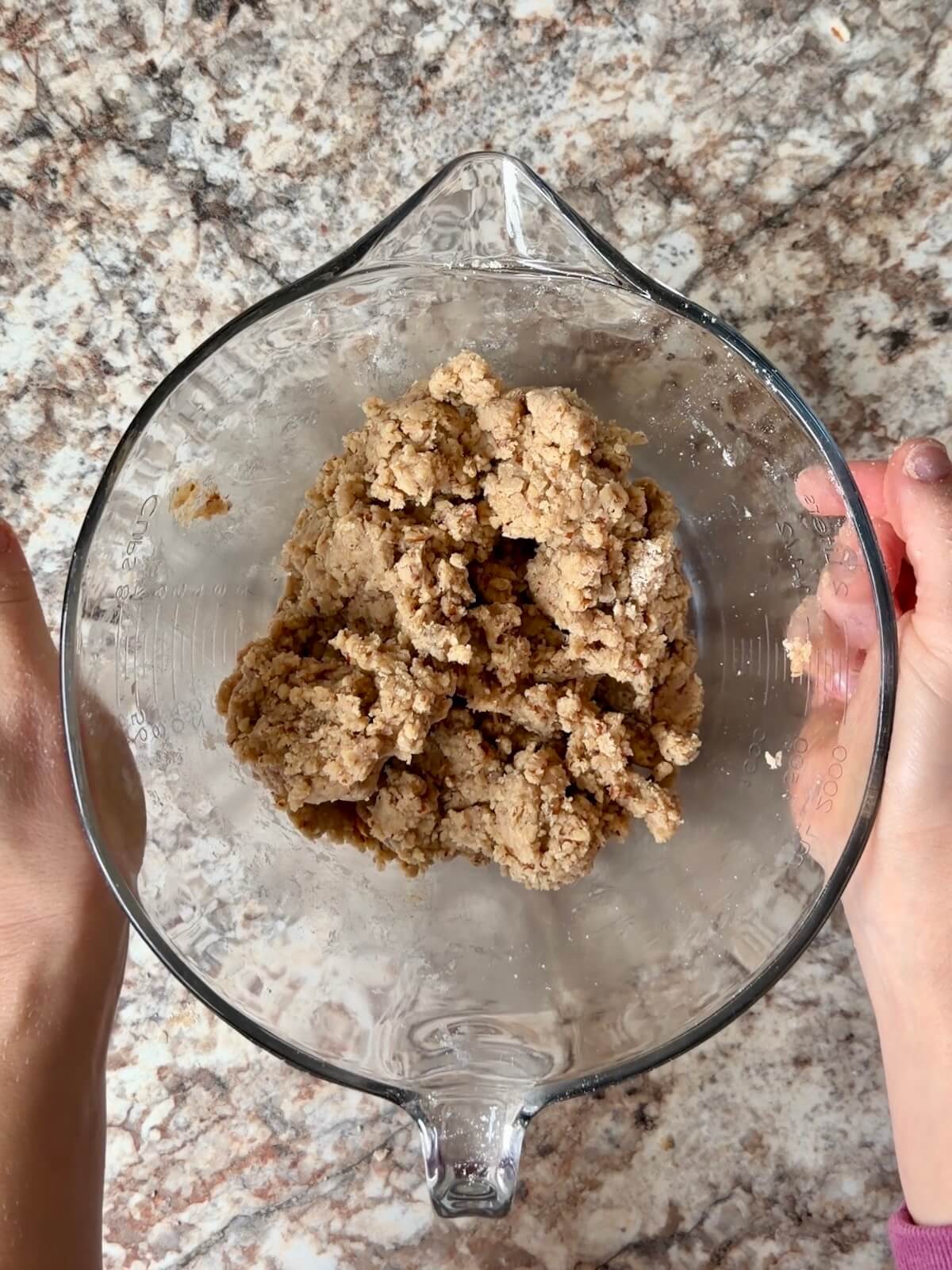 Pecan cookie dough in a mixing bowl.