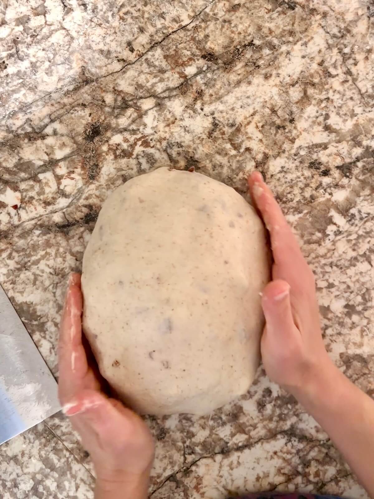 Thanksgiving stuffing sourdough bread shaped into a round ball on a floured counter.