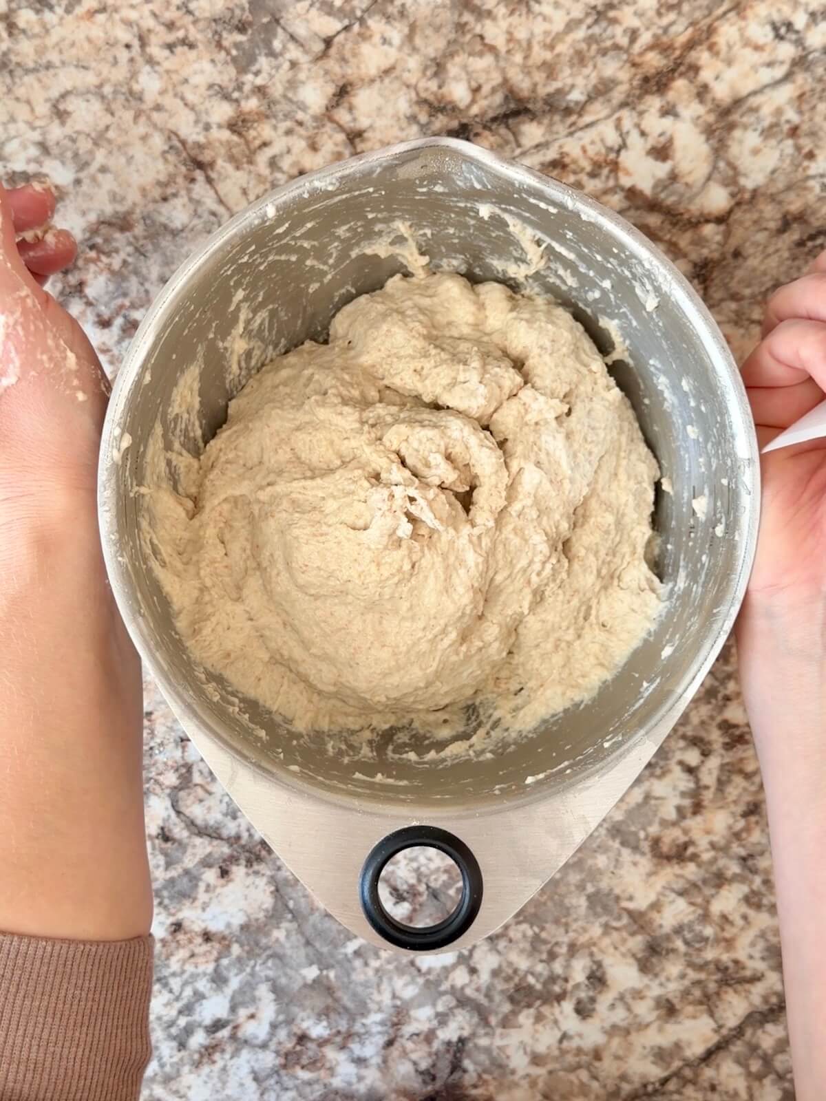 Sourdough bread dough made with bread flour, turkey stock, starter, and salt mixed together in a bowl.