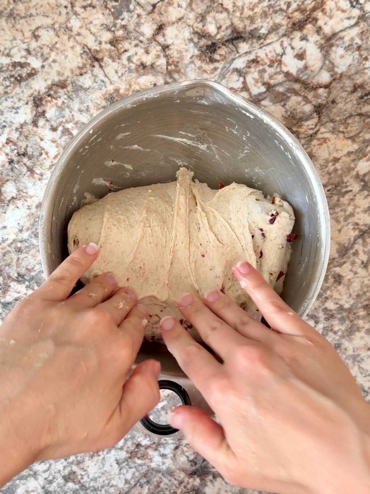Chopped pecans and dried cranberries being stretched and folded into the dough.