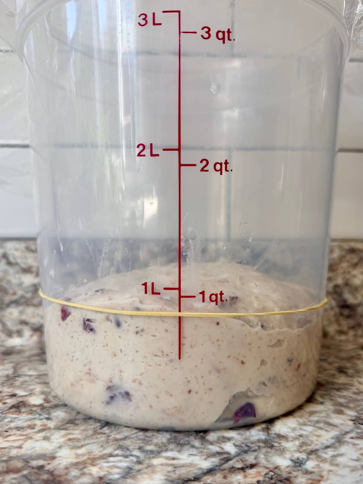 Stuffing sourdough bread dough in a straight-sided container before bulk fermentation.